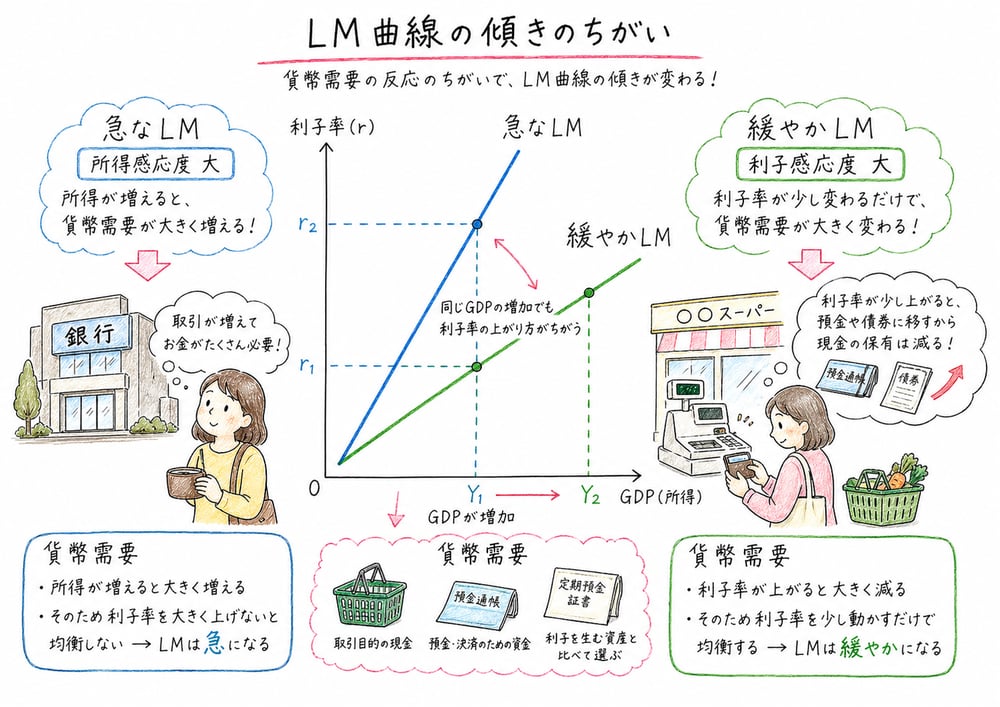 LM曲線の傾きが貨幣需要の所得感応度と利子感応度で変わることを比較した図解