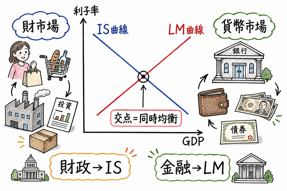 IS曲線とLM曲線が財市場・貨幣市場を表し交点が同時均衡になることを示す手書き風図解