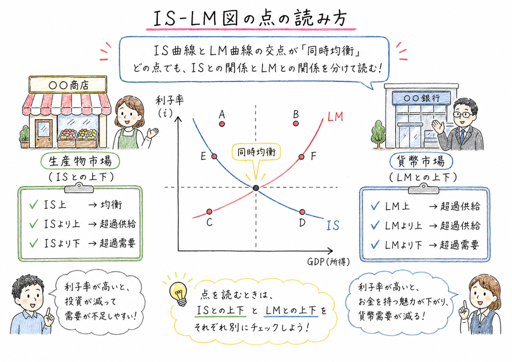 IS-LMの交点と図上の点を、ISとの上下とLMとの上下に分けて読む図解
