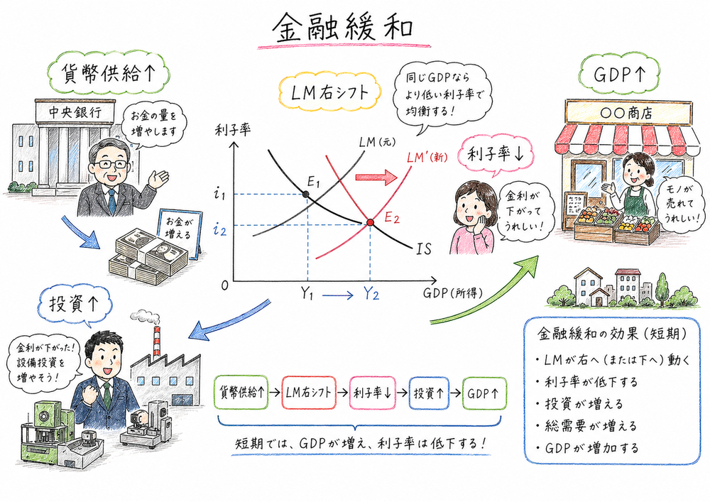 金融政策でLM曲線が右方へ動き、短期にGDP増加と利子率低下が起こることを示した図解