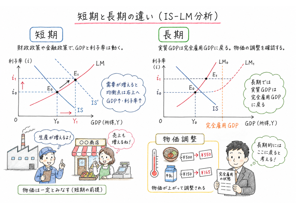 短期のIS-LM効果と長期の完全雇用GDP・物価調整を分けて確認する図解