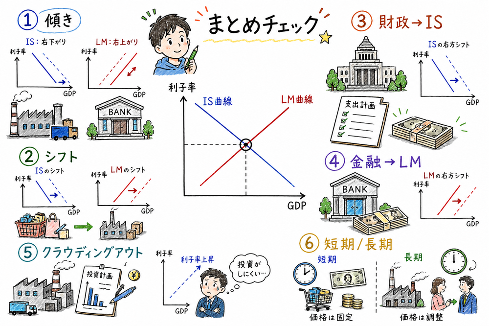 ISの傾き、LMの傾き、財政政策、金融政策、クラウディングアウトを確認する手書き風図解