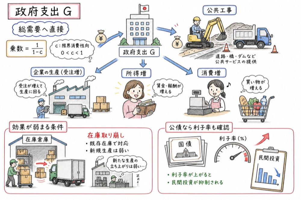 政府支出が総需要、所得、消費へ波及する乗数効果をまとめる手書き風図解