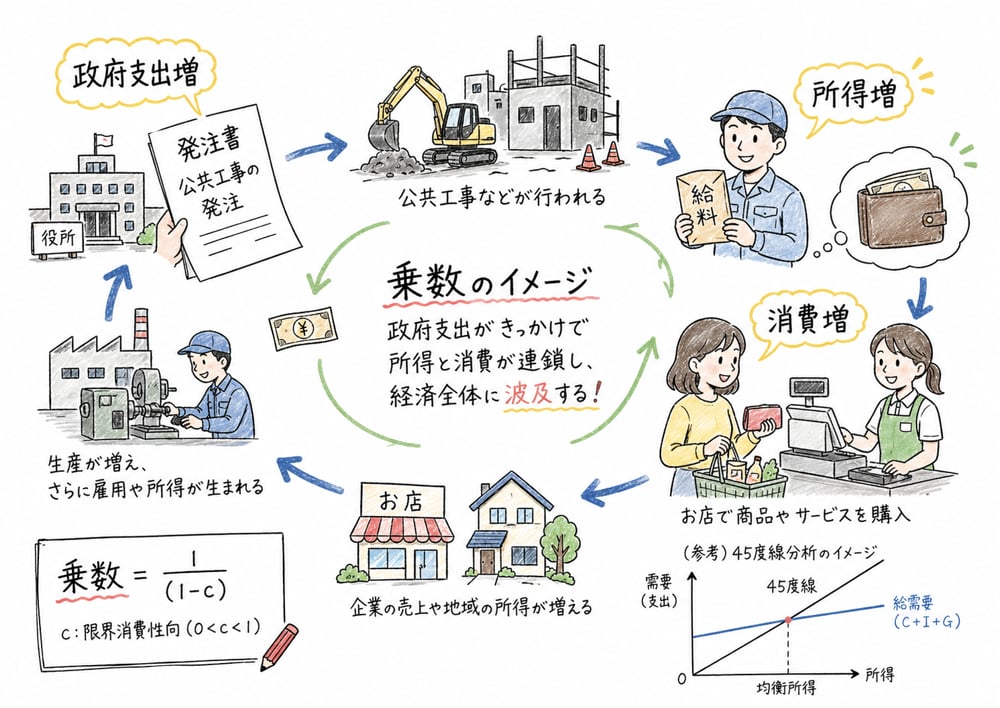 政府支出増が所得増と消費増へ波及する政府支出乗数のイメージ