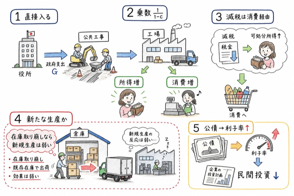 政府支出乗数、租税乗数、均衡GDP、限界消費性向、符号を確認する手書き風図解