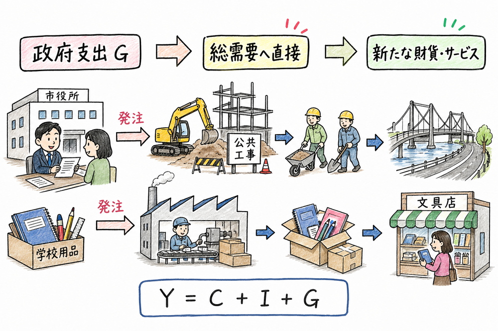 政府支出が総需要へ直接入り、新たな財貨・サービスの需要を生む流れ