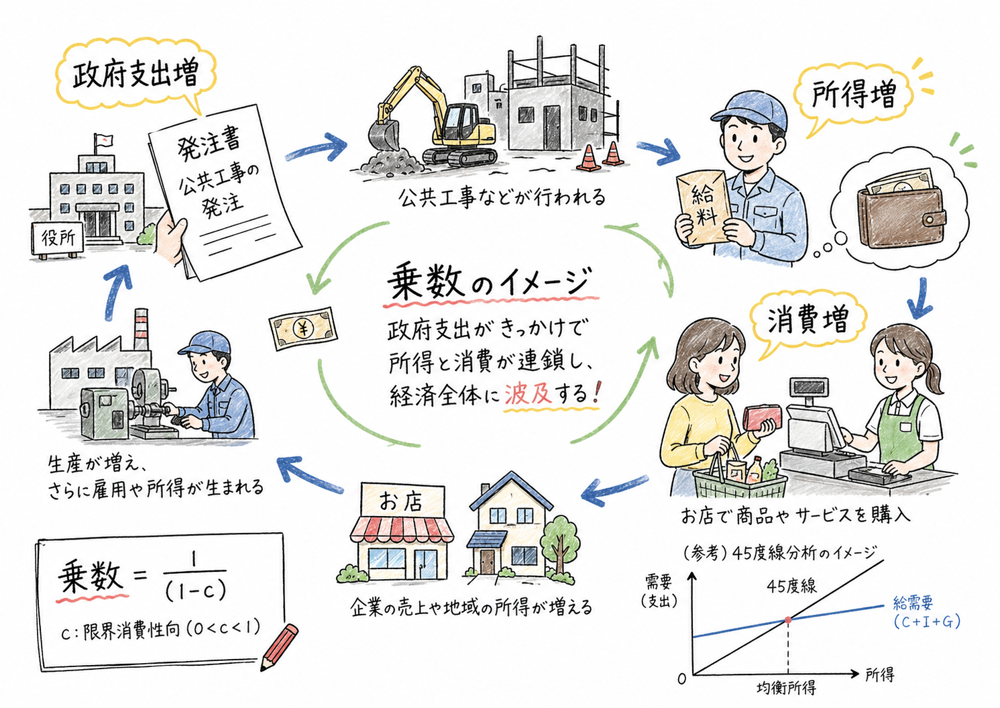 政府支出増が所得増と消費増へ波及する政府支出乗数のイメージ