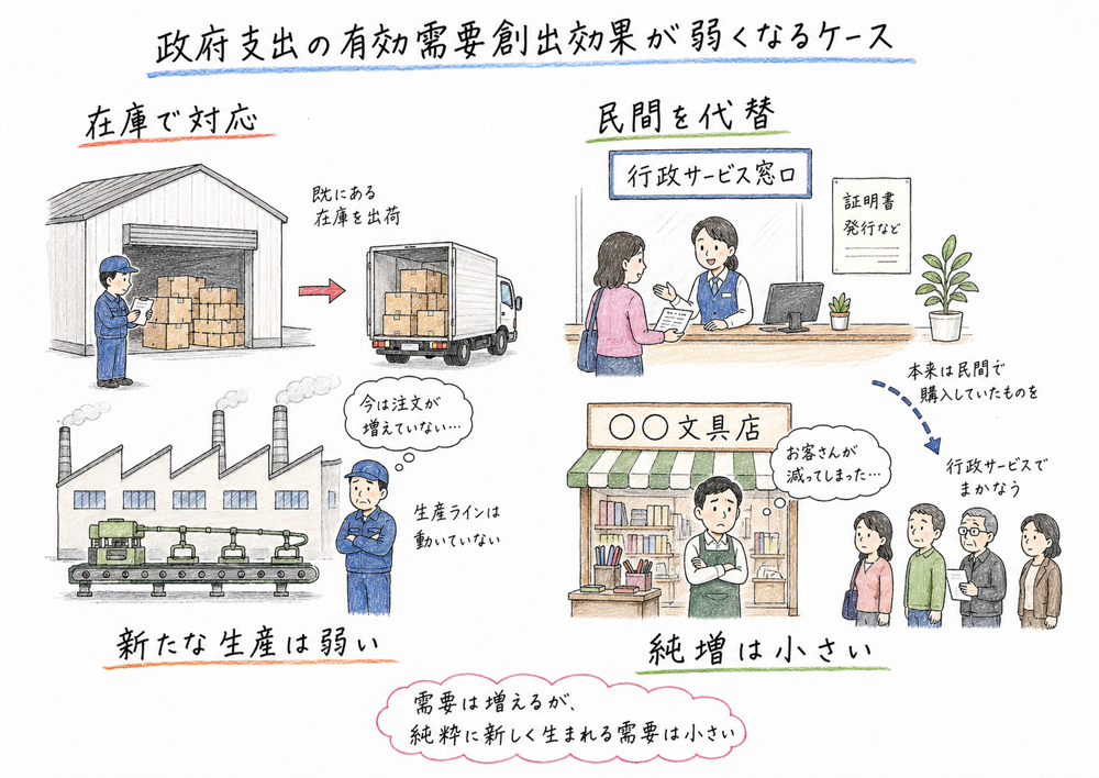 在庫対応や民間供給の代替で有効需要創出効果が弱まる場面