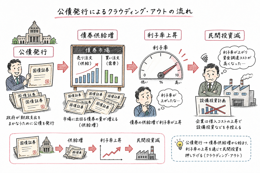 公債発行から債券供給増、利子率上昇、民間投資減へ進むクラウディング・アウトの流れ