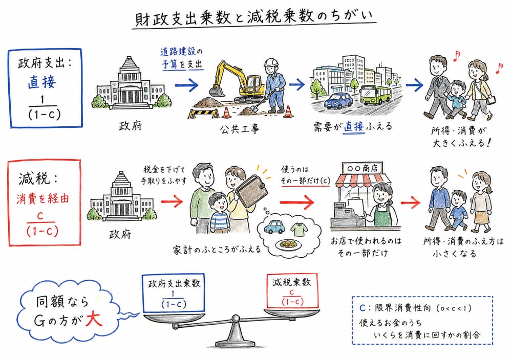 政府支出乗数と租税乗数の効き方の違いを示す図解
