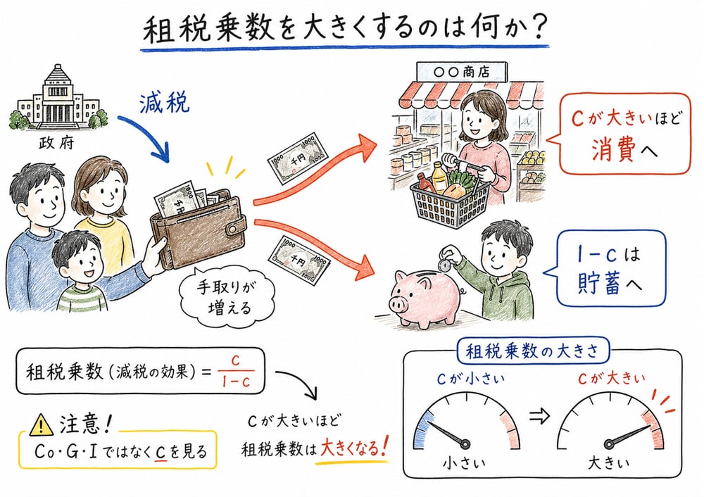 限界消費性向が租税乗数を大きくする仕組みを示す図解