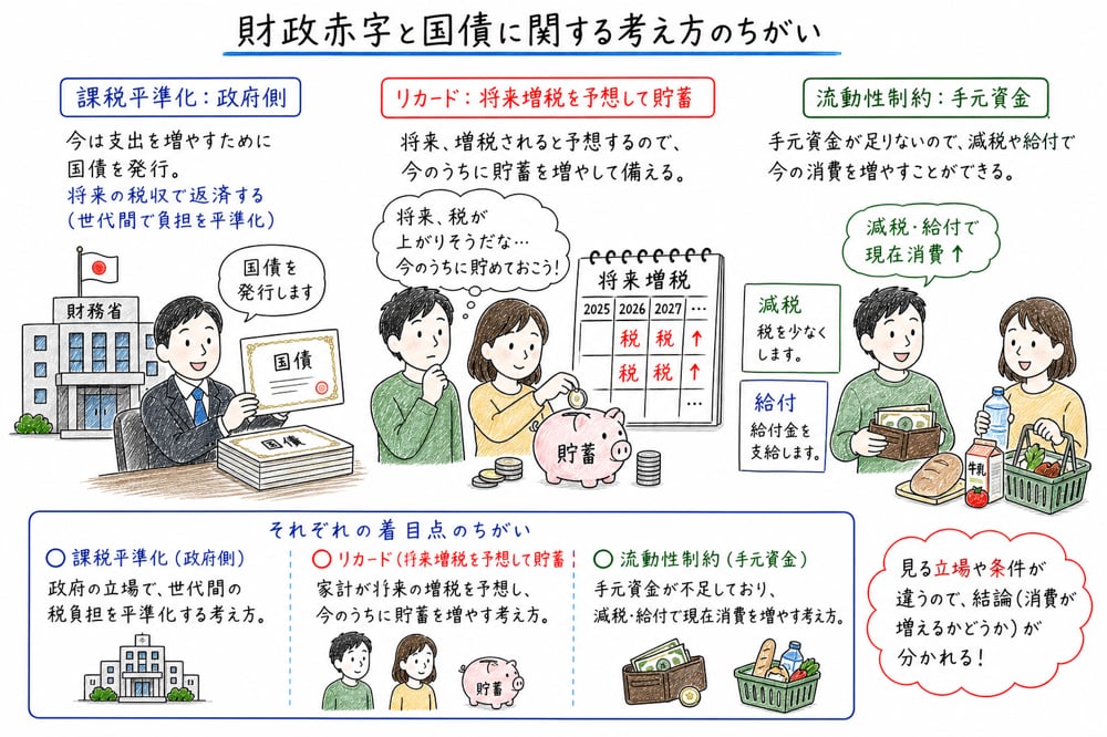 財政赤字と国債発行に関する理論の見方を区別する図解