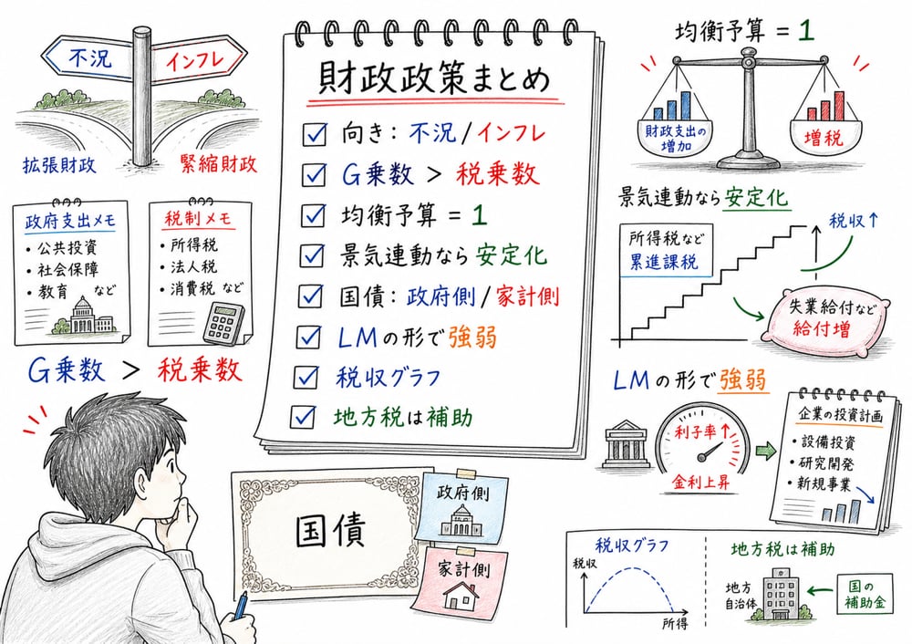 政府支出乗数、租税乗数、自動安定化装置、財政赤字、クラウディングアウトを確認する手書き風図解