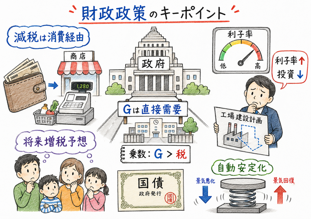 拡張財政と緊縮財政が総需要、所得、利子率、クラウディングアウトへ与える方向をまとめる手書き風図解