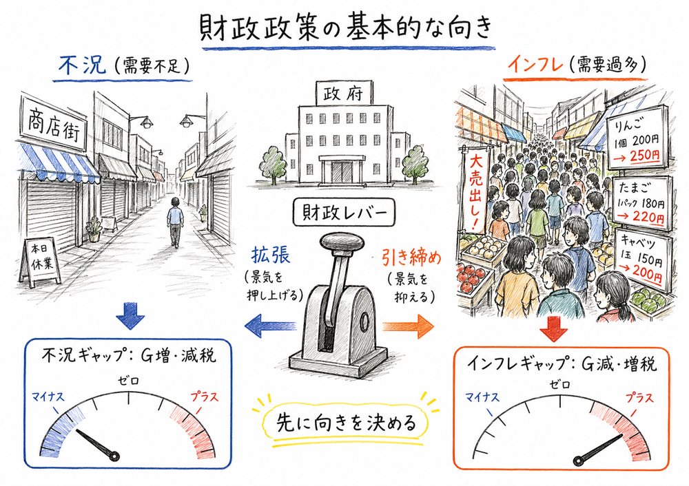 不況ギャップとインフレギャップで選ぶ財政政策の方向を示す図解