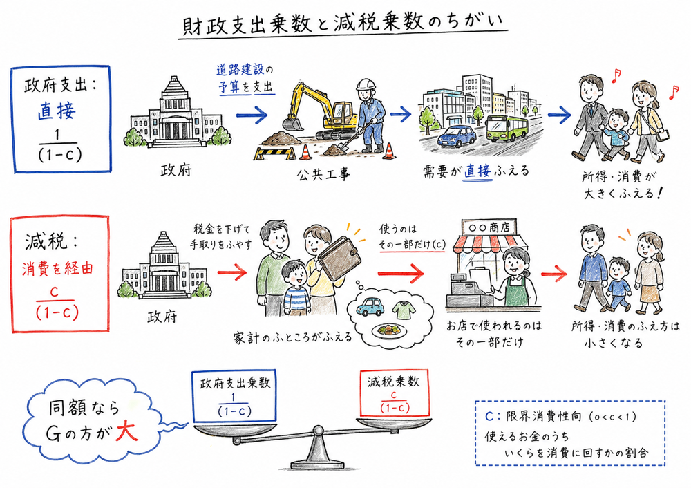 政府支出乗数と租税乗数の効き方の違いを示す図解