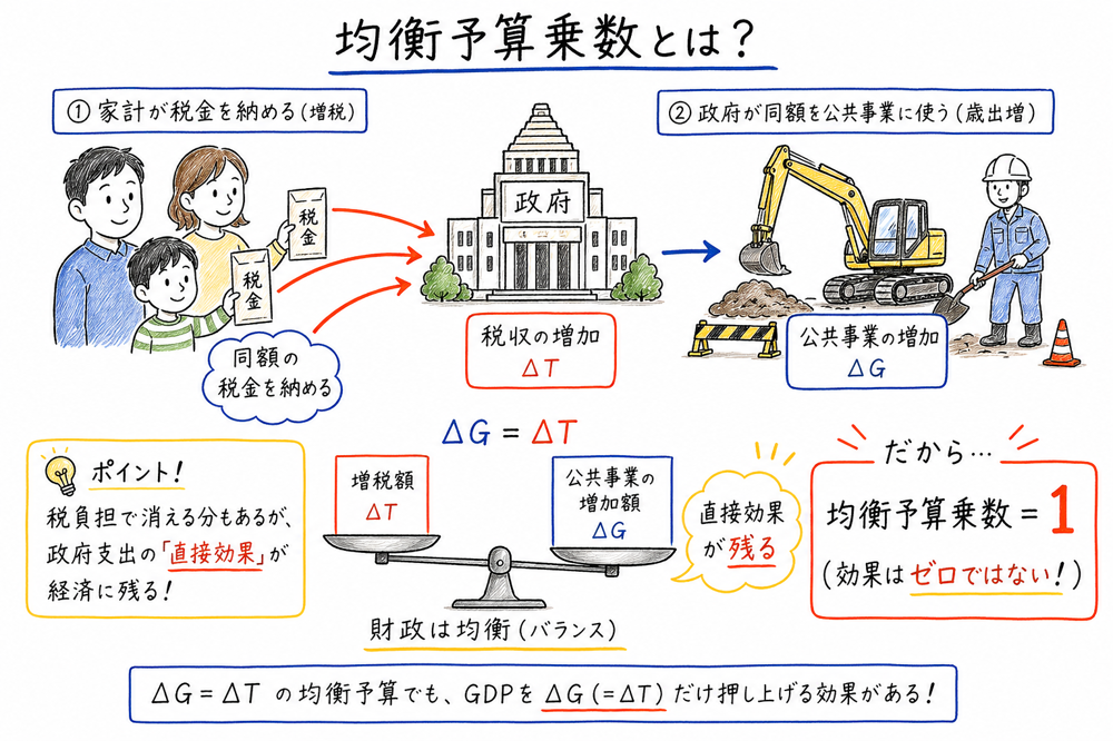 同額の政府支出増加と増税で均衡予算乗数が1になることを示す図解