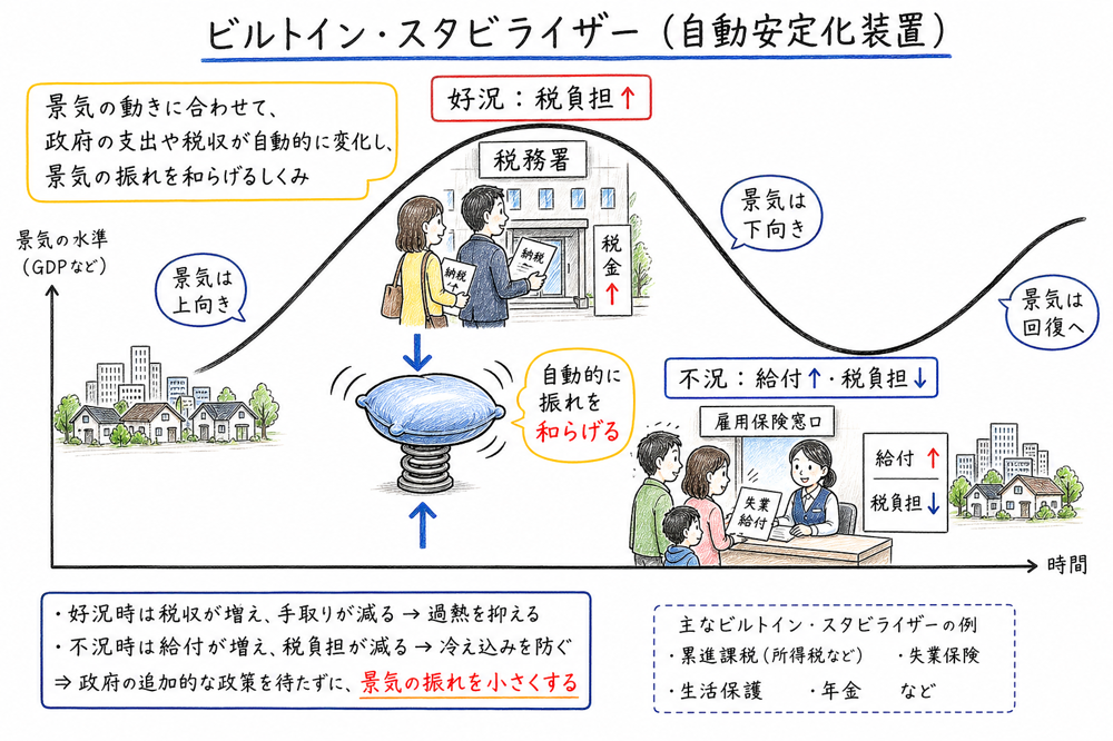 税制と給付が景気変動を自動的に和らげる仕組みを示す図解