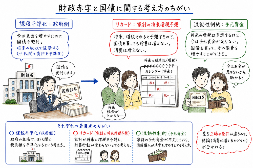 財政赤字と国債発行に関する理論の見方を区別する図解