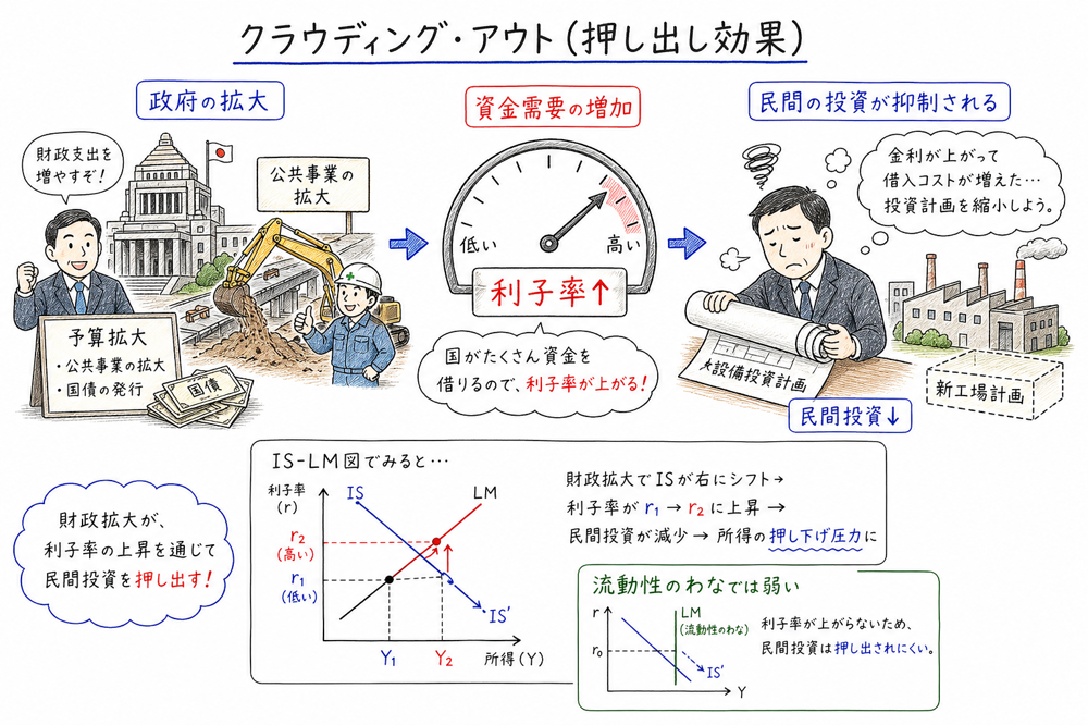 財政拡張で利子率が上がり民間投資が減るクラウディングアウトの図解
