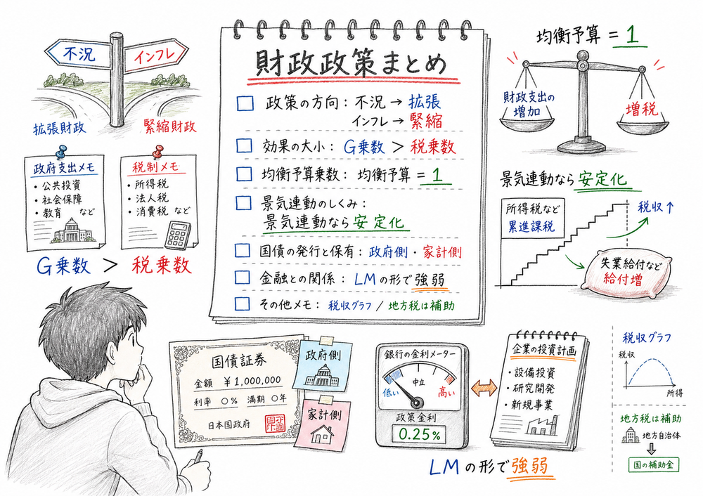 政府支出乗数、租税乗数、自動安定化装置、財政赤字、クラウディングアウトを確認する手書き風図解