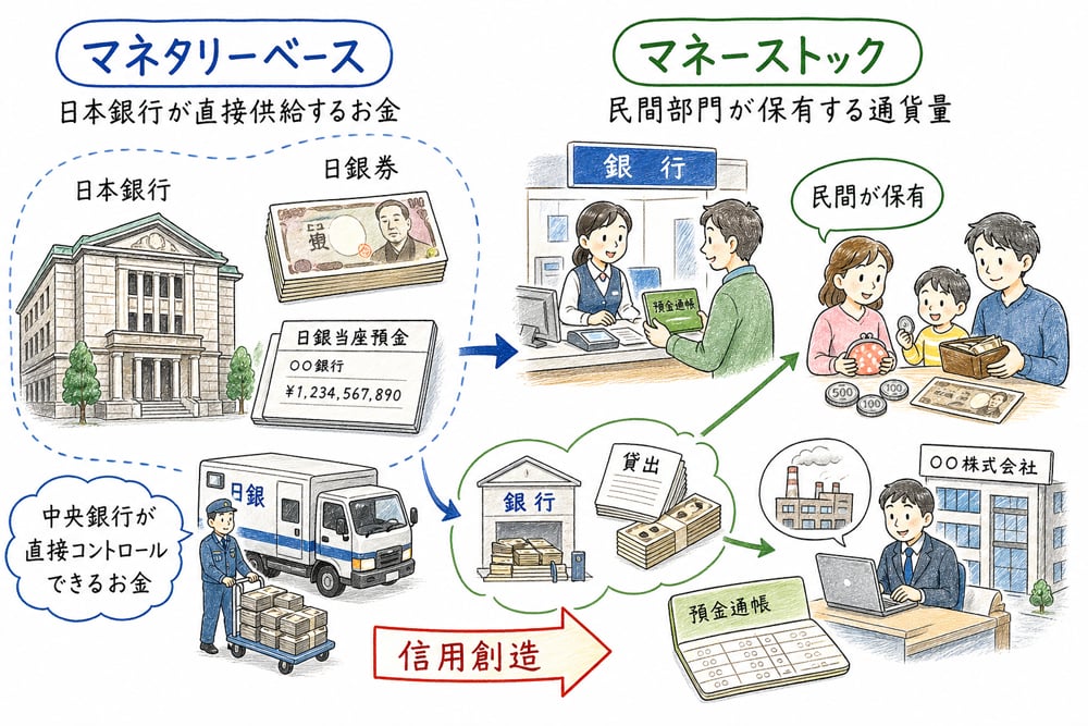 マネタリーベースとマネーストックの要点を示す図解