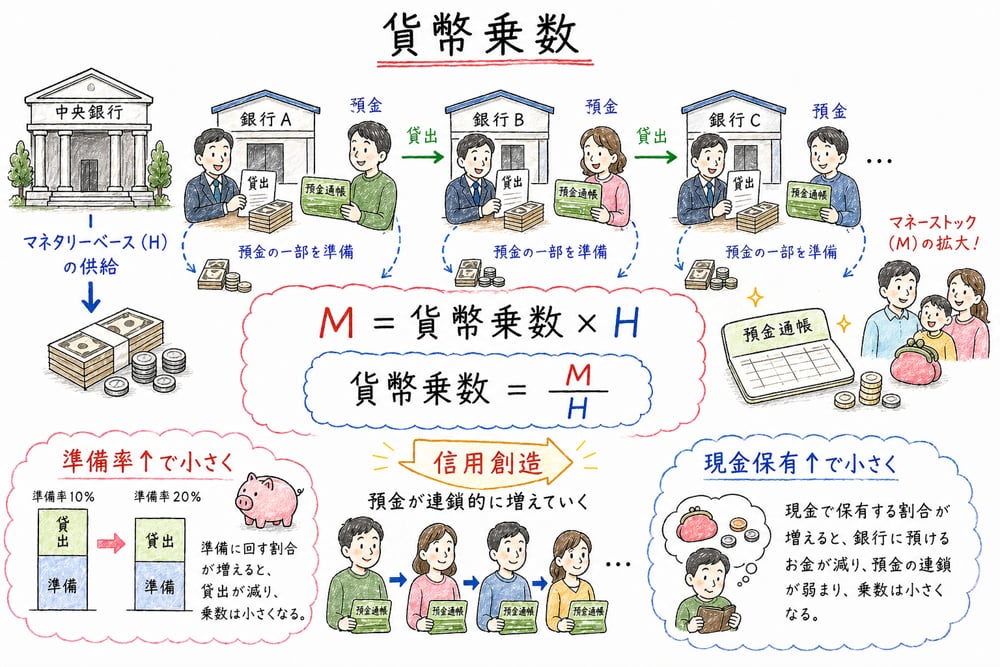 貨幣乗数の式の要点を示す図解