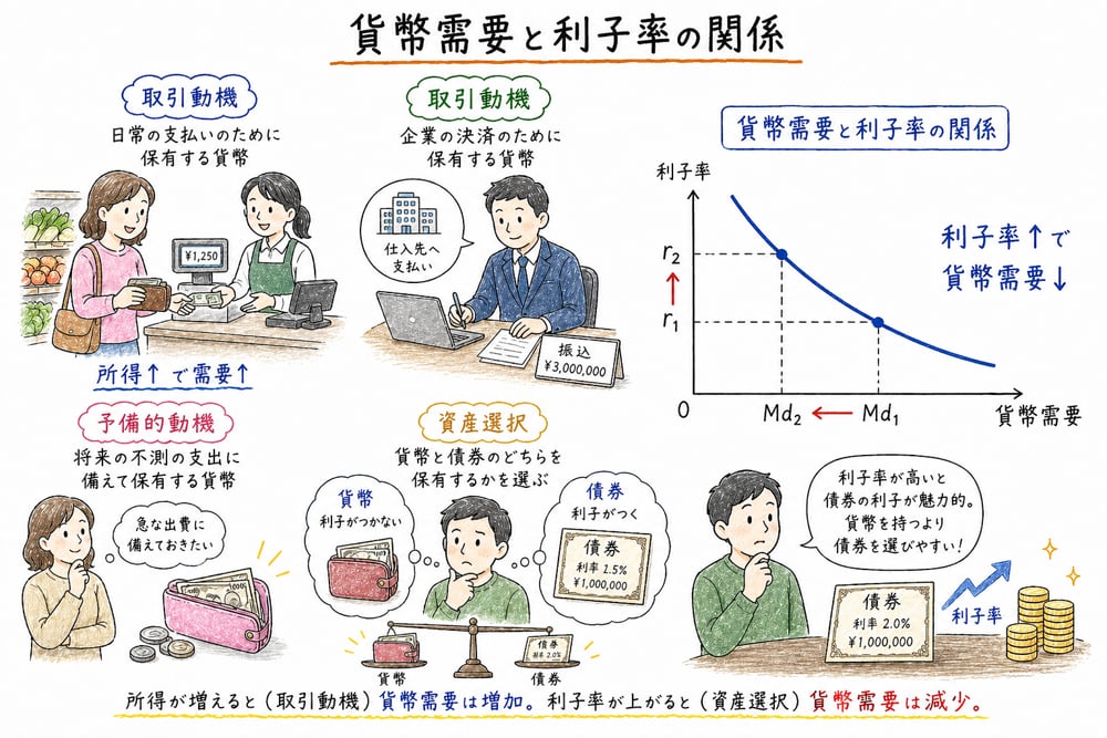 貨幣需要と利子率の要点を示す図解