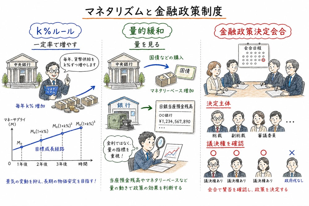 マネタリズムと金融政策制度の要点を示す図解