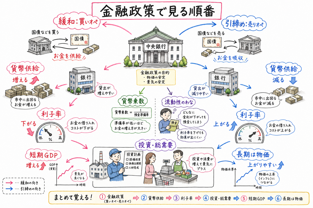 買いオペと売りオペから貨幣供給、利子率、投資、総需要、GDPへ伝わる経路をまとめる手書き風図解