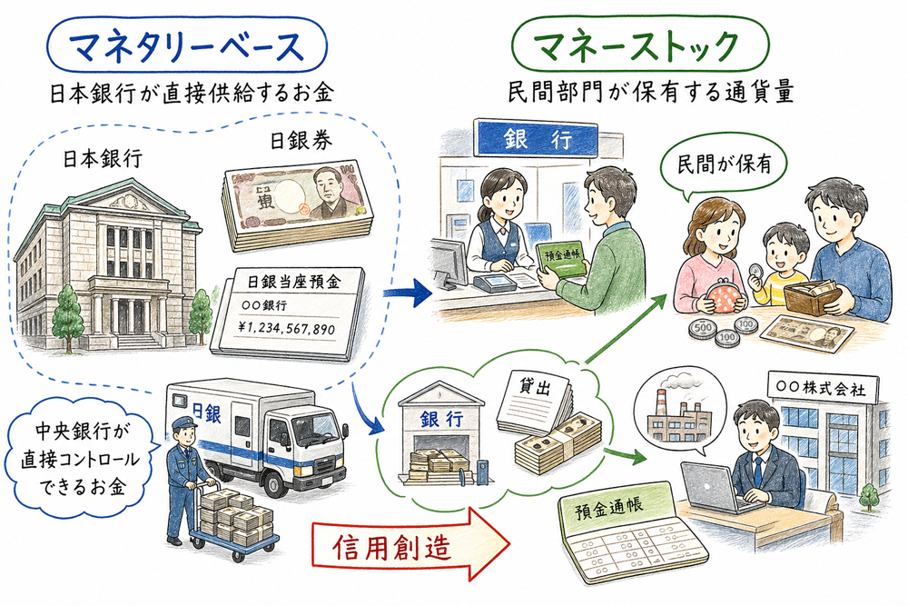 マネタリーベースとマネーストックの要点を示す図解