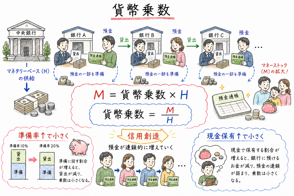 貨幣乗数の式の要点を示す図解