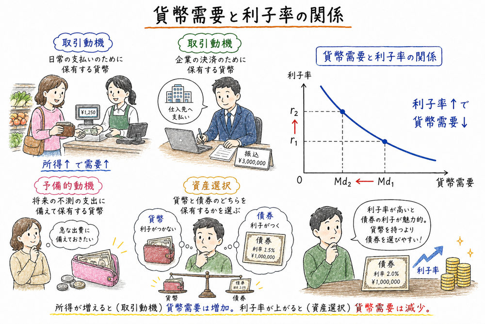 貨幣需要と利子率の要点を示す図解