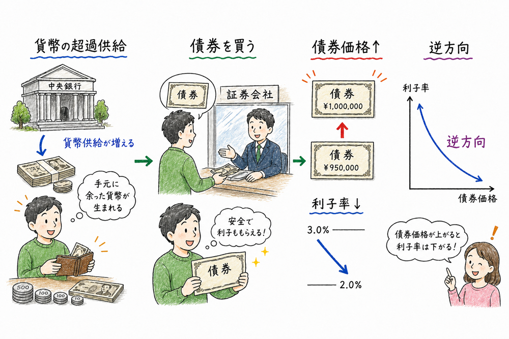 貨幣市場と債券市場の調整の要点を示す図解