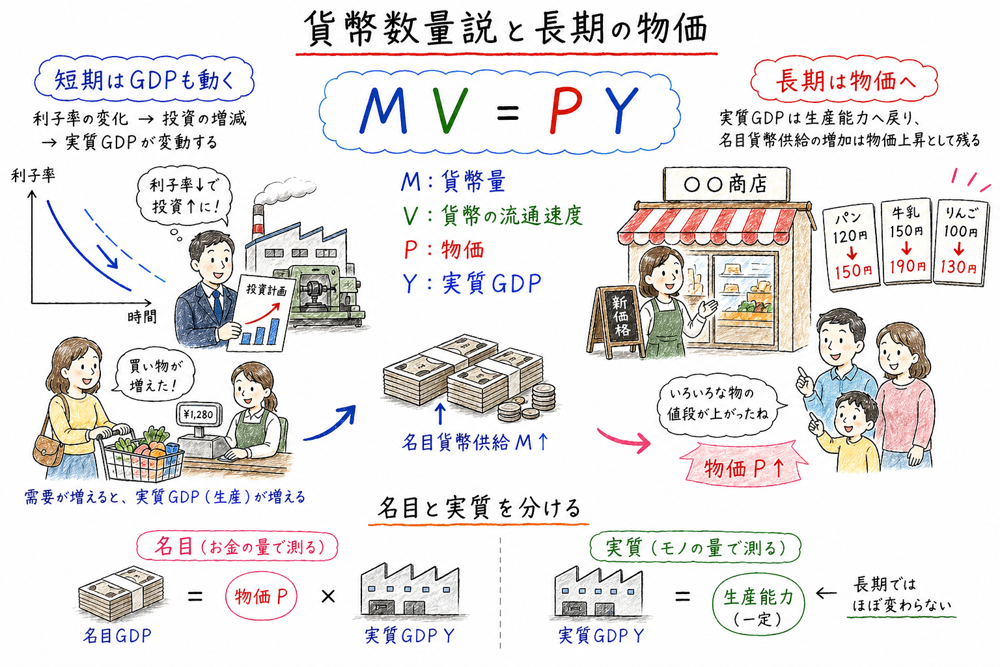 貨幣数量説と長期の物価の要点を示す図解
