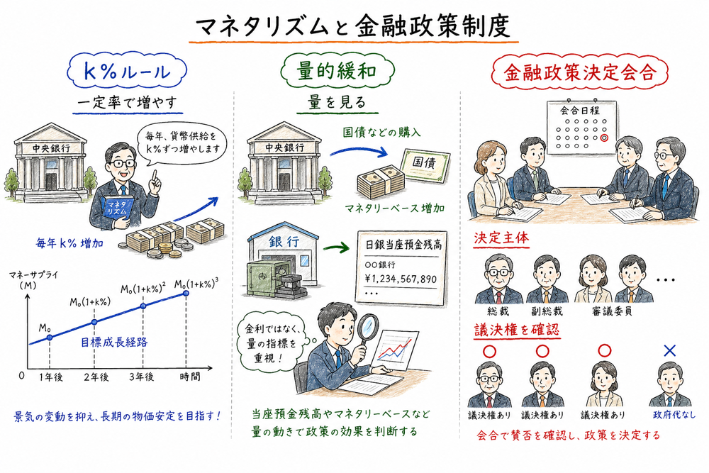 マネタリズムと金融政策制度の要点を示す図解
