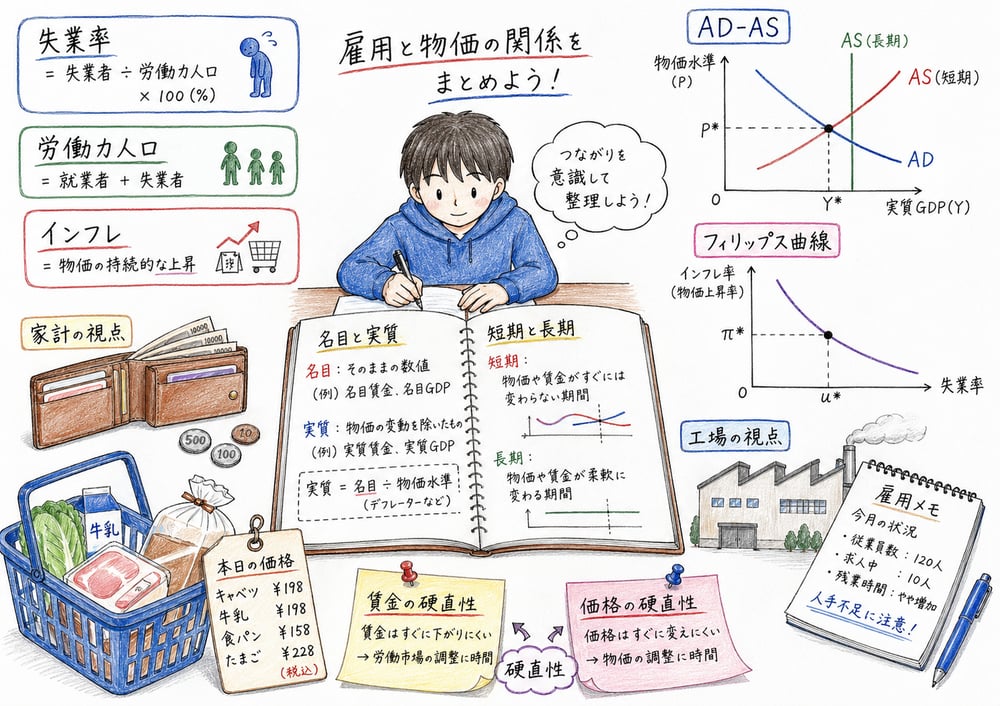 雇用、物価、失業、インフレ、AD-AS、フィリップス曲線、硬直性をまとめる手書き風図解