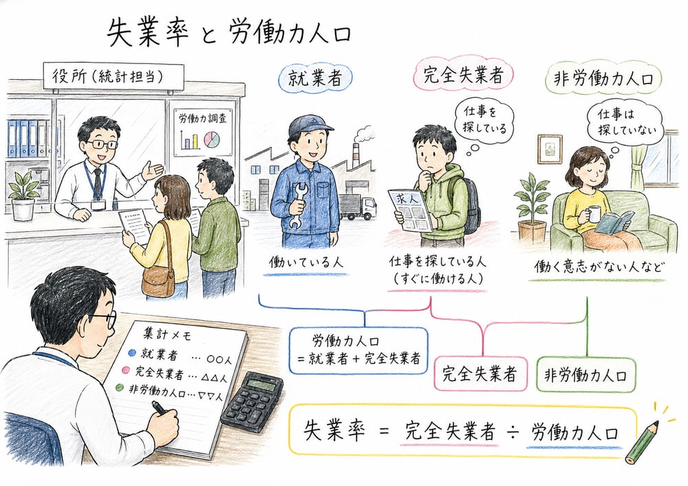 失業率の分母が労働力人口であることを示す図解