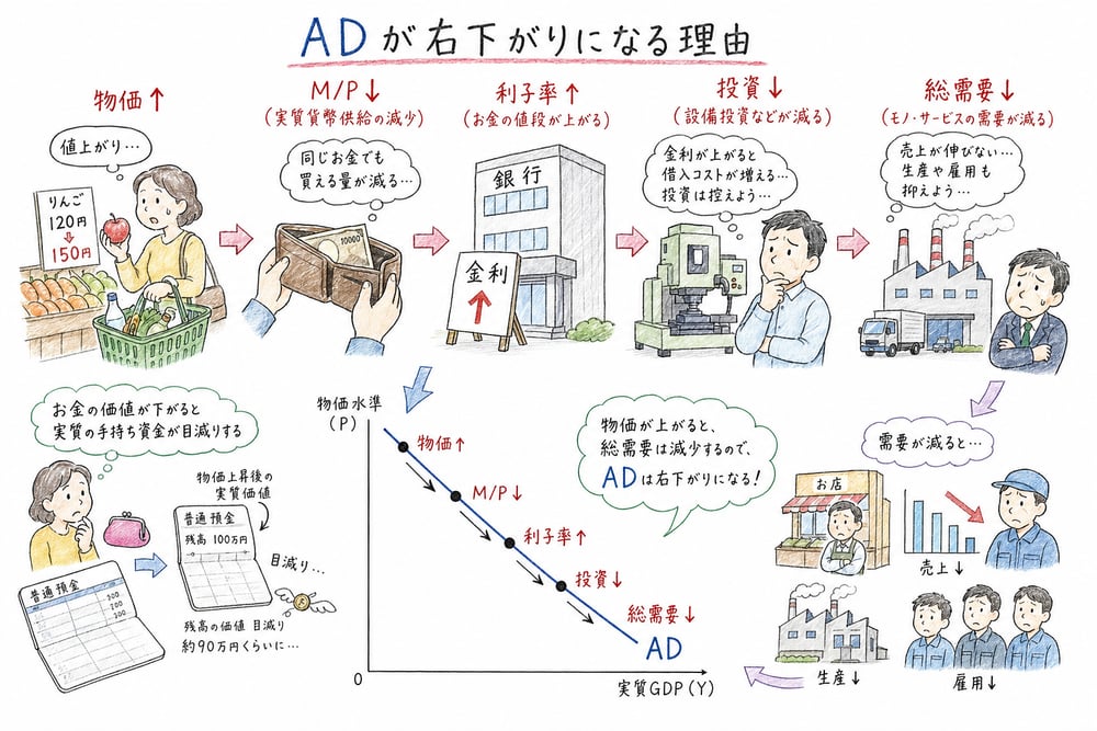 物価上昇から実質貨幣供給減少、利子率上昇、投資減少へつながる図解