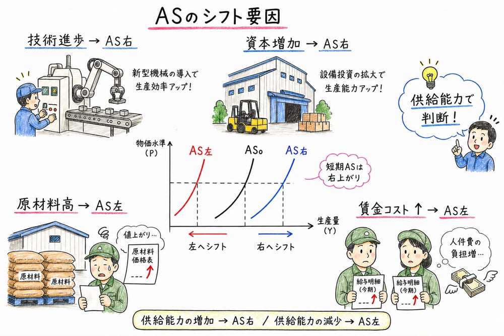 技術進歩や原材料価格上昇がASを動かす方向を示す図解