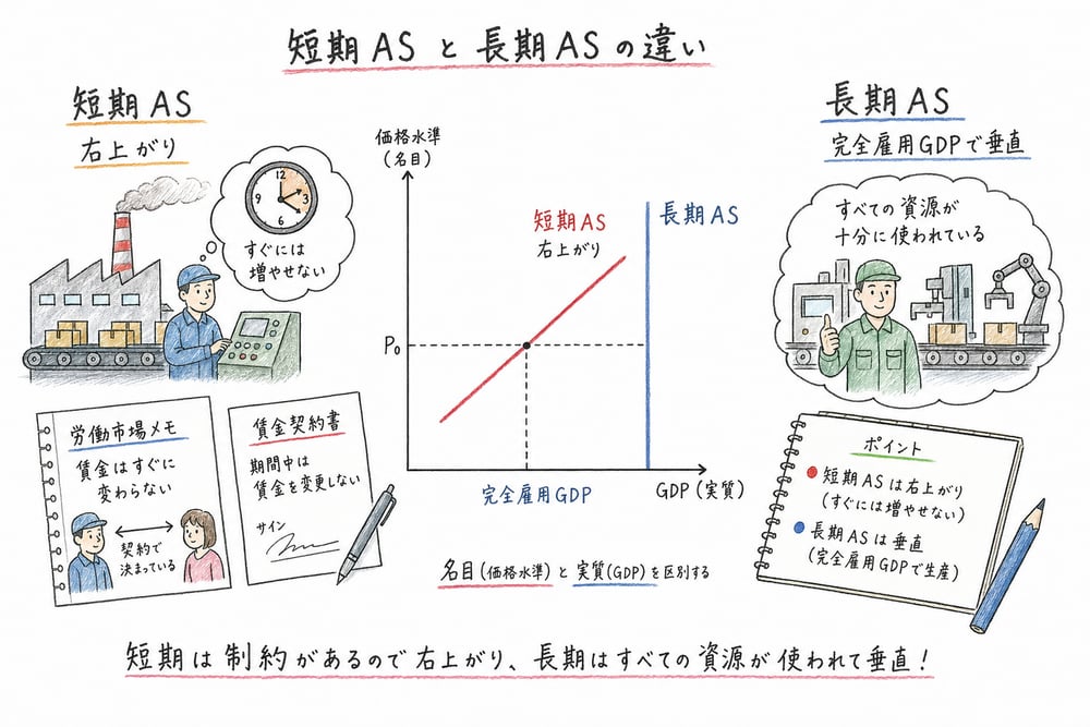 短期ASは右上がり、長期ASは完全雇用GDPで垂直になる図解