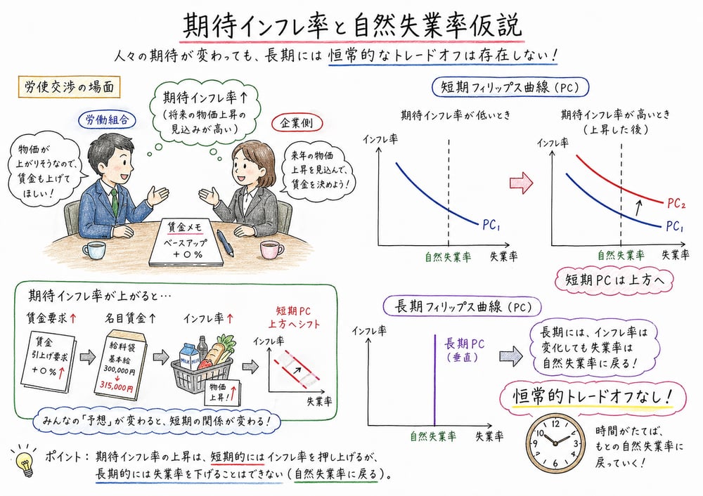 期待インフレ率の上昇で短期フィリップス曲線が上方へ移動する図解