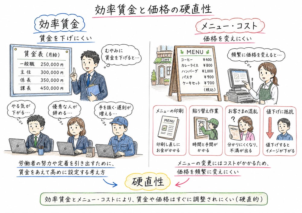 効率賃金とメニュー・コストが賃金・価格の硬直性を生む図解