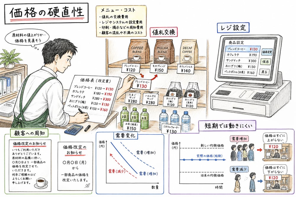 価格変更の手間や費用であるメニュー・コストが価格の硬直性を生むことを示す手書き風図解