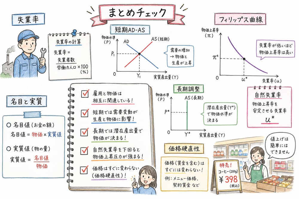 短期AD-AS、長期調整、フィリップス曲線、自然失業率、価格硬直性を確認する手書き風図解