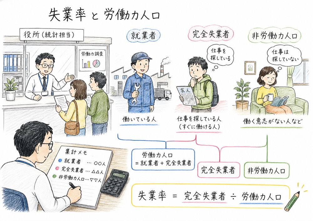 失業率の分母が労働力人口であることを示す図解