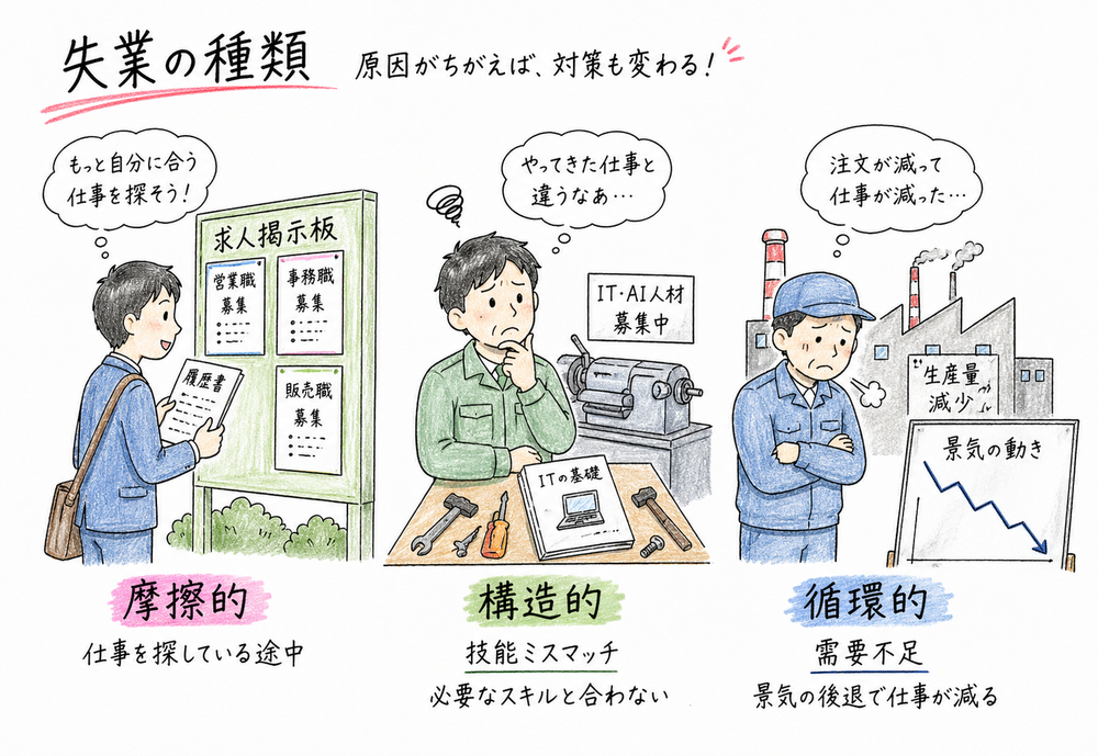 摩擦的失業、構造的失業、循環的失業の違いを示す図解