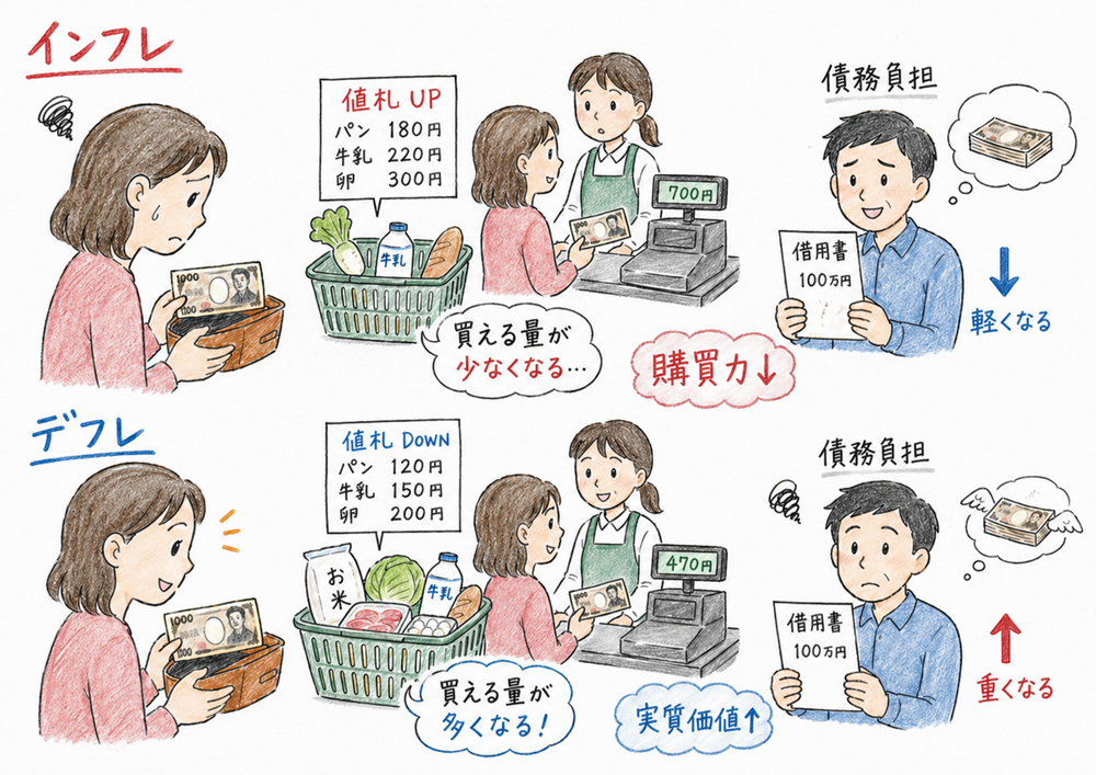 インフレとデフレで貨幣価値と債務負担が変わることを示す図解