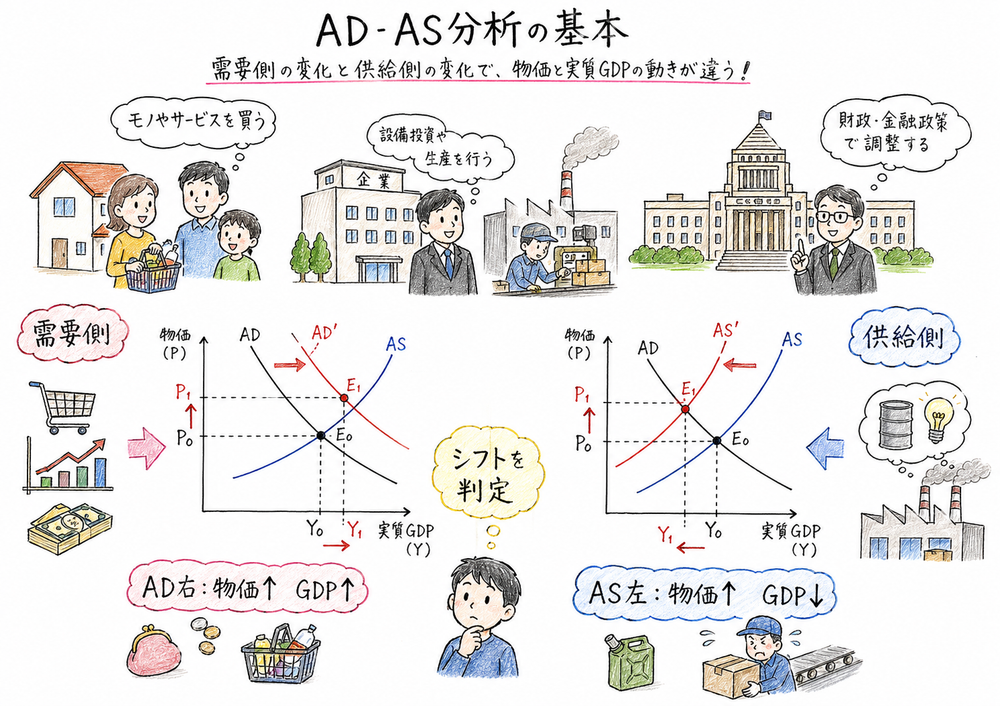 ADとASのシフトで物価と実質GDPの方向を読む図解