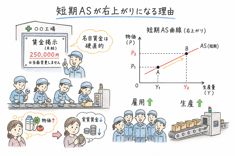 名目賃金の硬直性から短期ASが右上がりになる図解
